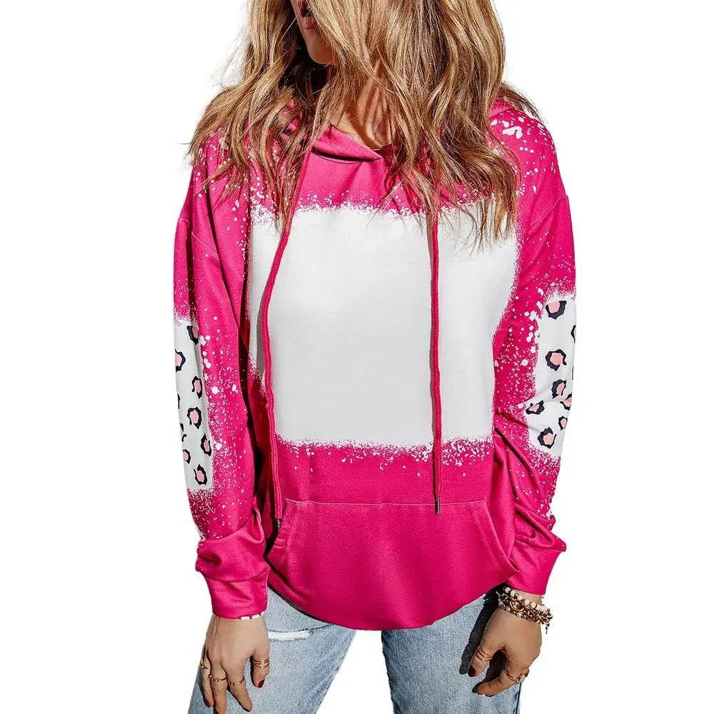 Rose Leopard Bleached Long Sleeve Hoodie with Pocket New Sizes S,L, XL